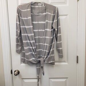 Chico's, NWOT, grey white, 3/4 sleeve, open front, tie cardigan wrap, LG, 2